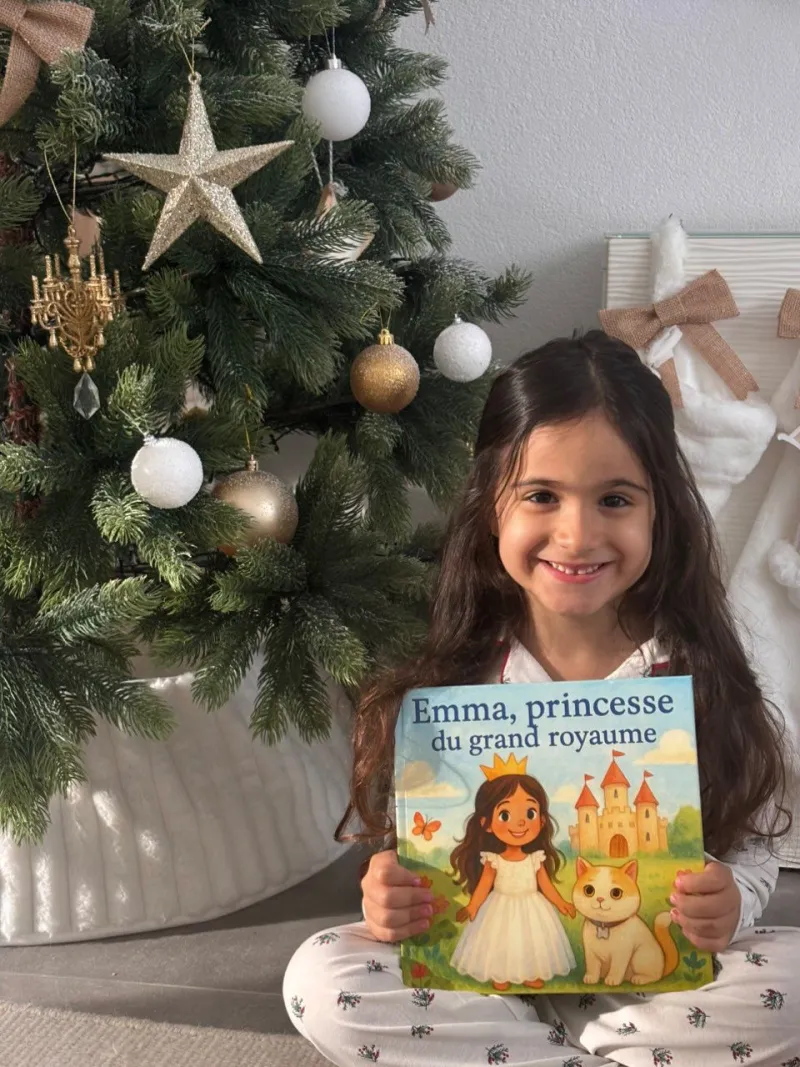 Emma avec son livre personnalisé