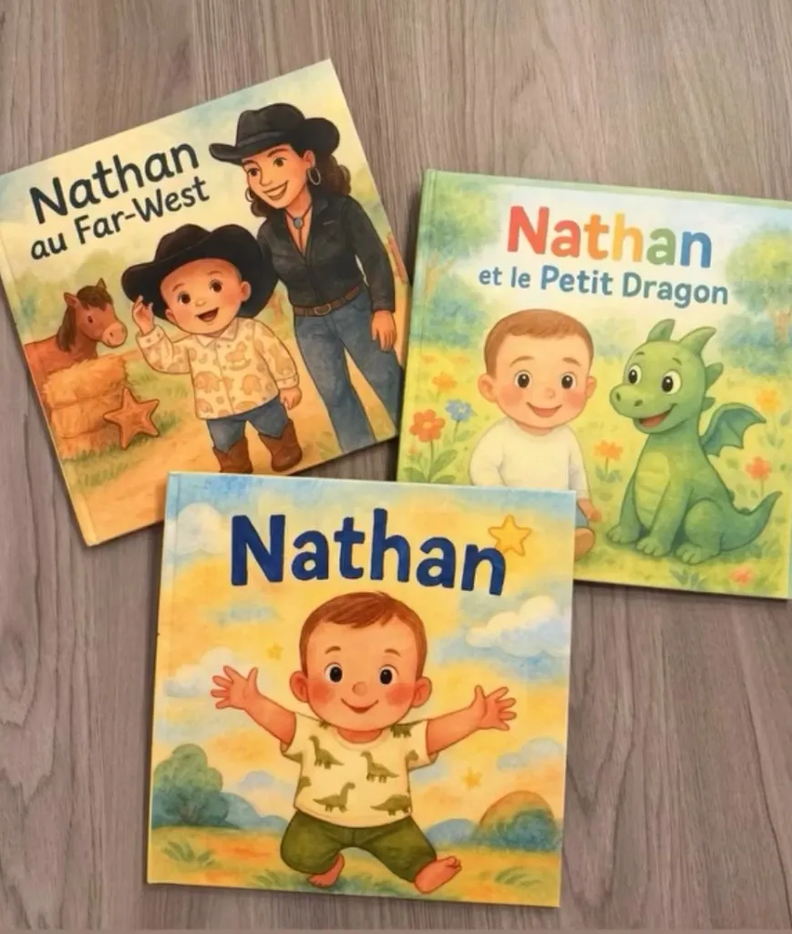 Enfant heureux avec ses livres personnalisés reçus à Noël