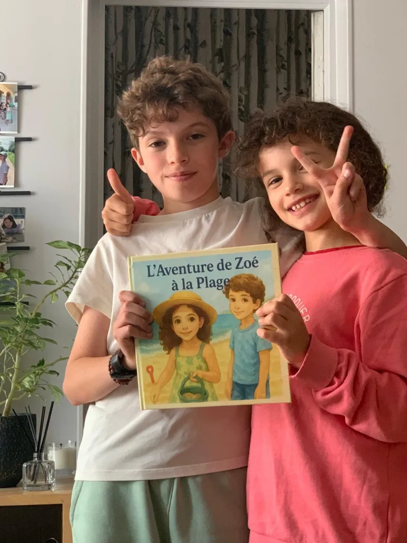 Zoé et son frère avec leur livre personnalisé